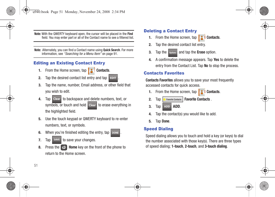 Editing an existing contact entry, Deleting a contact entry, Contacts favorites | Speed dialing | Samsung SCH-U940DBAVZW User Manual | Page 54 / 156