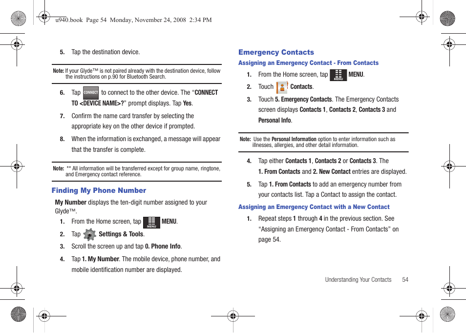 Finding my phone number, Emergency contacts, Finding my phone number emergency contacts | Samsung SCH-U940DBAVZW User Manual | Page 57 / 156