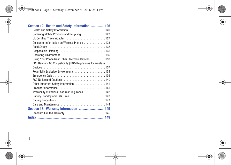 Section 12: health and safety information 126, Section 13: warranty information 145 | Samsung SCH-U940DBAVZW User Manual | Page 6 / 156