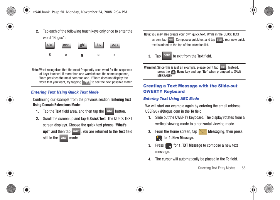 Creating a text message with the slide-out qwerty | Samsung SCH-U940DBAVZW User Manual | Page 61 / 156