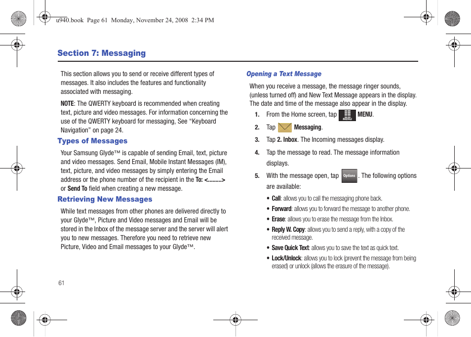 Section 7: messaging, Types of messages, Retrieving new messages | Types of messages retrieving new messages | Samsung SCH-U940DBAVZW User Manual | Page 64 / 156