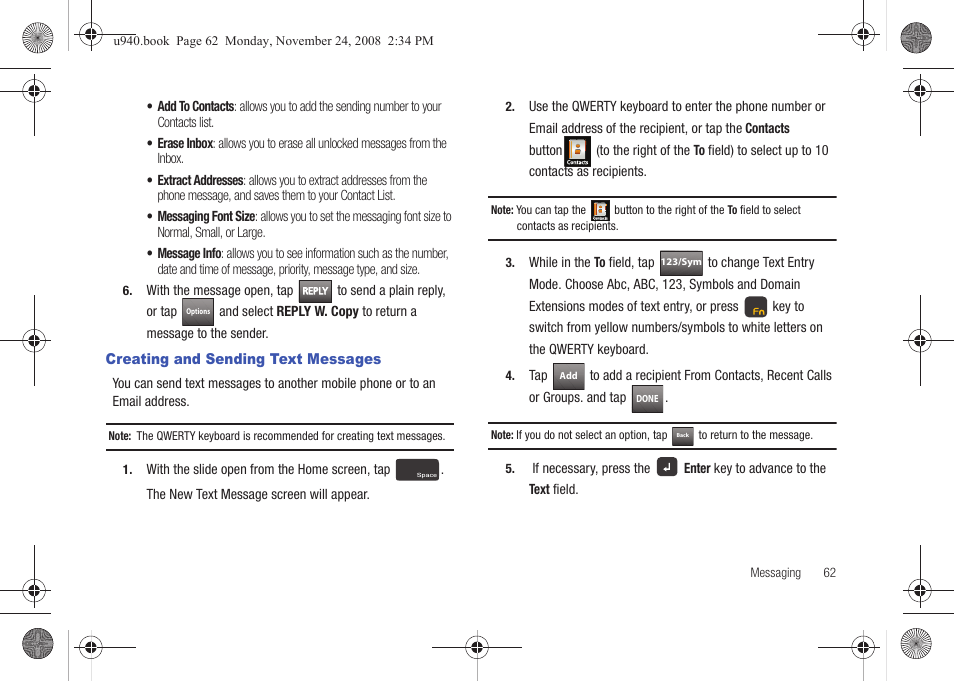 Creating and sending text messages, E, see “creating and sending text messages | Samsung SCH-U940DBAVZW User Manual | Page 65 / 156