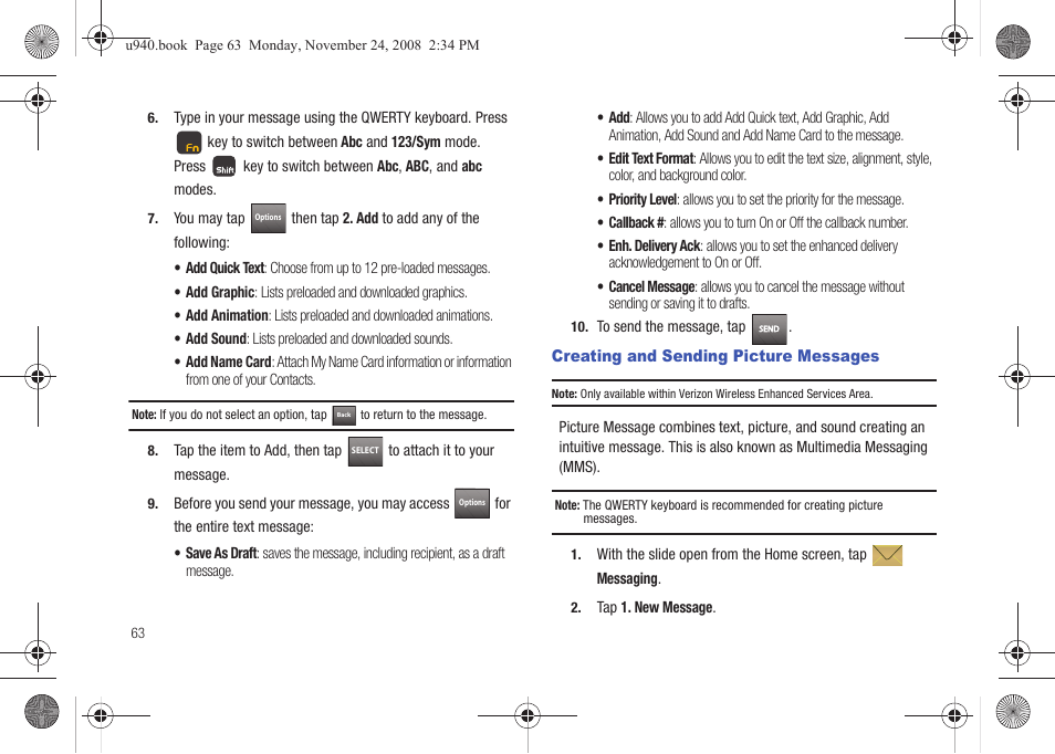 Creating and sending picture messages, 62, "creating and sending picture messages" on | Samsung SCH-U940DBAVZW User Manual | Page 66 / 156