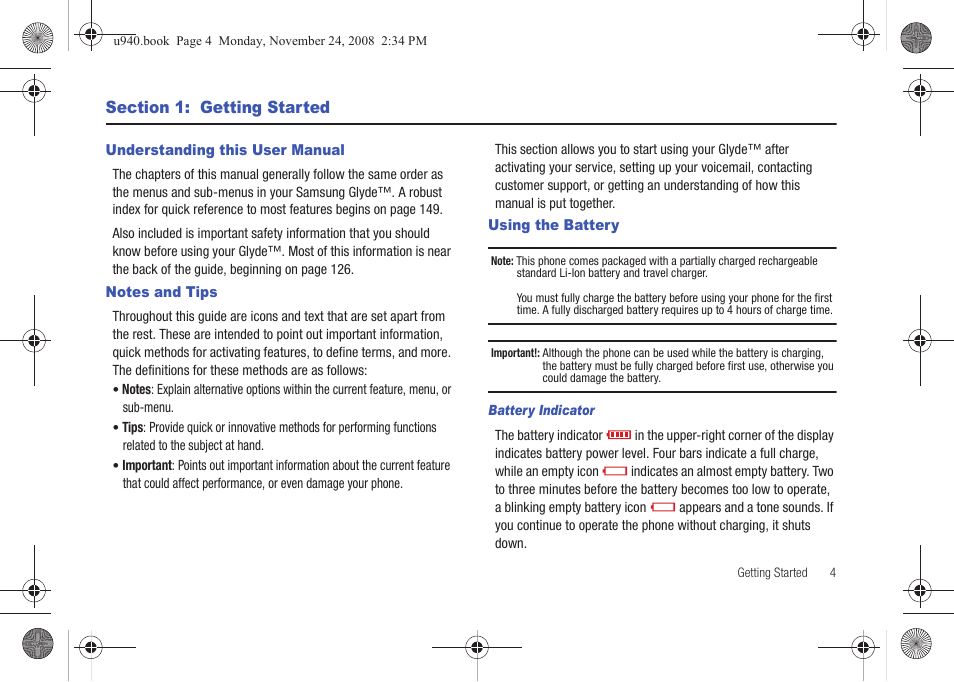 Section 1: getting started, Understanding this user manual, Notes and tips | Using the battery | Samsung SCH-U940DBAVZW User Manual | Page 7 / 156