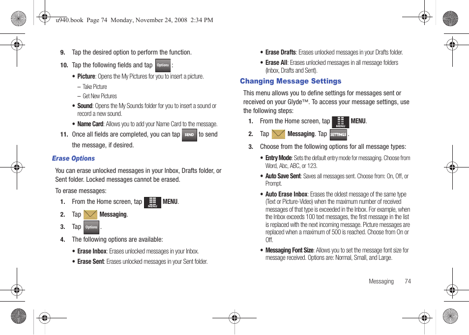 Changing message settings | Samsung SCH-U940DBAVZW User Manual | Page 77 / 156