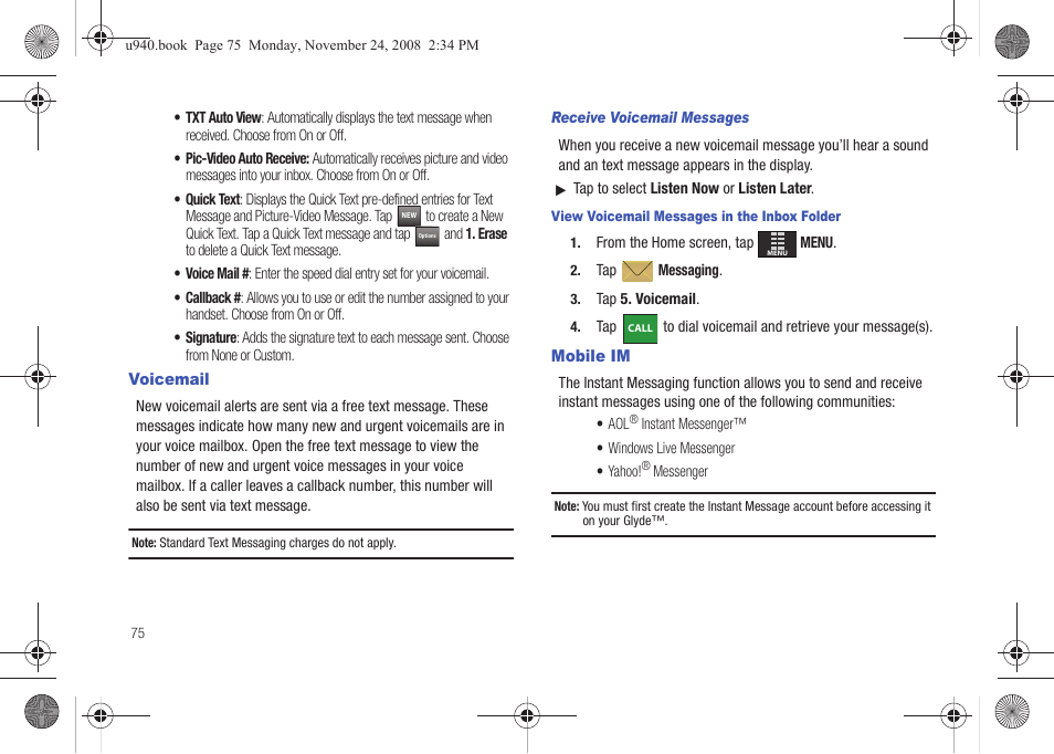 Voicemail, Mobile im, Voicemail mobile im | Samsung SCH-U940DBAVZW User Manual | Page 78 / 156