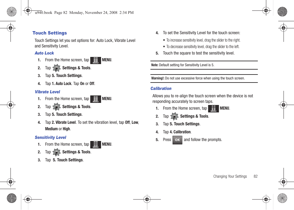 Touch settings | Samsung SCH-U940DBAVZW User Manual | Page 85 / 156