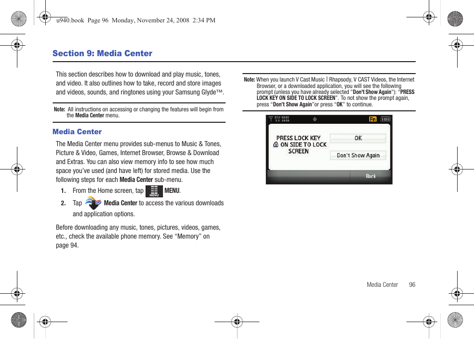 Section 9: media center, Media center | Samsung SCH-U940DBAVZW User Manual | Page 99 / 156