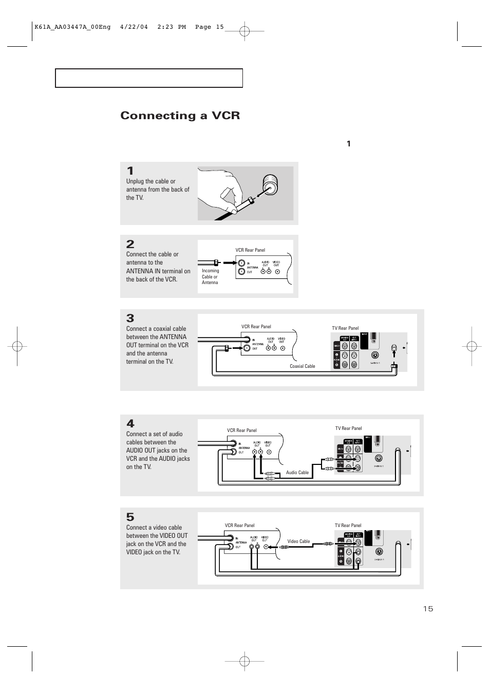 Connecting a vcr | Samsung TXP2665WX-XAC User Manual | Page 15 / 68