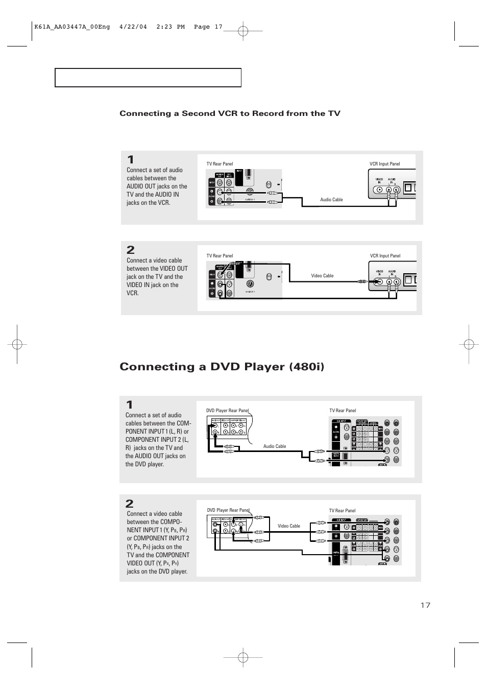 Connecting a dvd player (480i) | Samsung TXP2665WX-XAC User Manual | Page 17 / 68