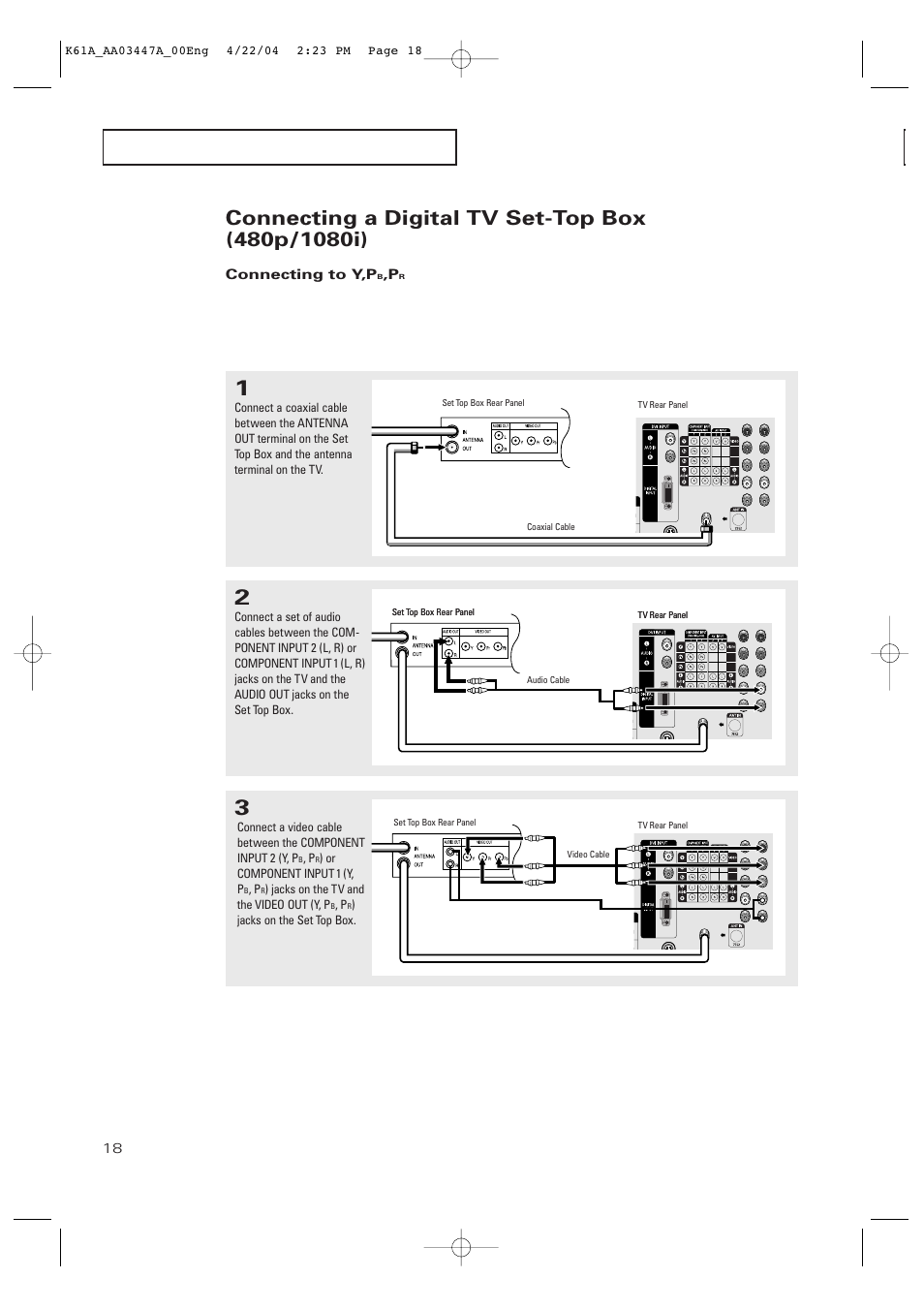 Connecting a digital tv set-top box, Connect the y, p, And p | Samsung TXP2665WX-XAC User Manual | Page 18 / 68