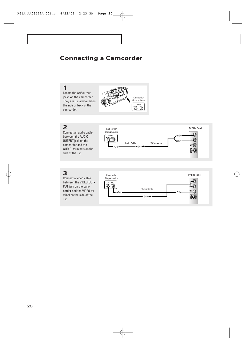 Connecting a camcorder | Samsung TXP2665WX-XAC User Manual | Page 20 / 68
