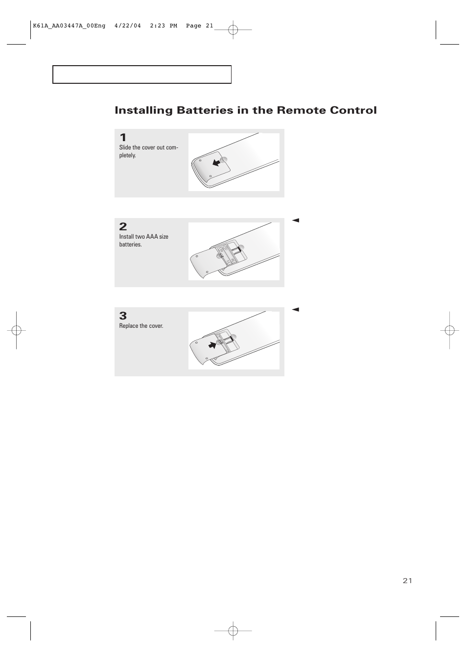 Installing batteries in the remote control | Samsung TXP2665WX-XAC User Manual | Page 21 / 68