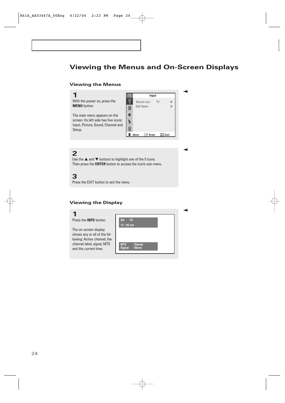 Viewing the menus and on-screen displays | Samsung TXP2665WX-XAC User Manual | Page 24 / 68
