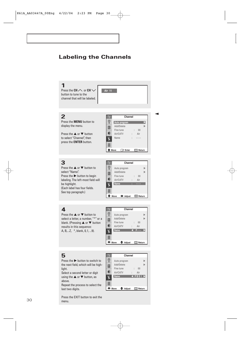 Labeling the channels | Samsung TXP2665WX-XAC User Manual | Page 30 / 68