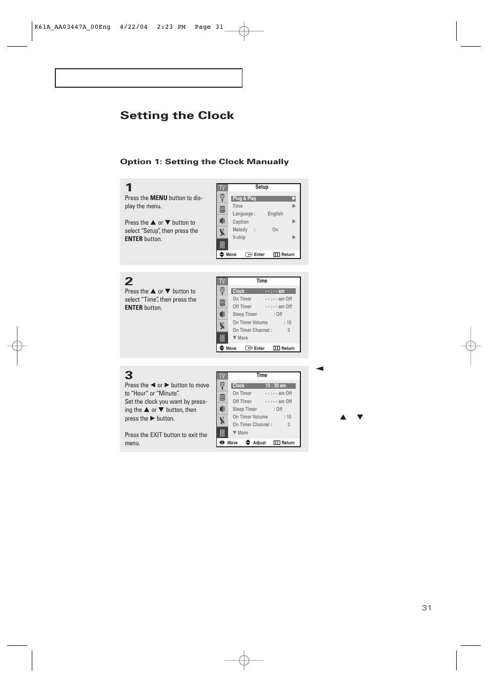 Setting the clock | Samsung TXP2665WX-XAC User Manual | Page 31 / 68