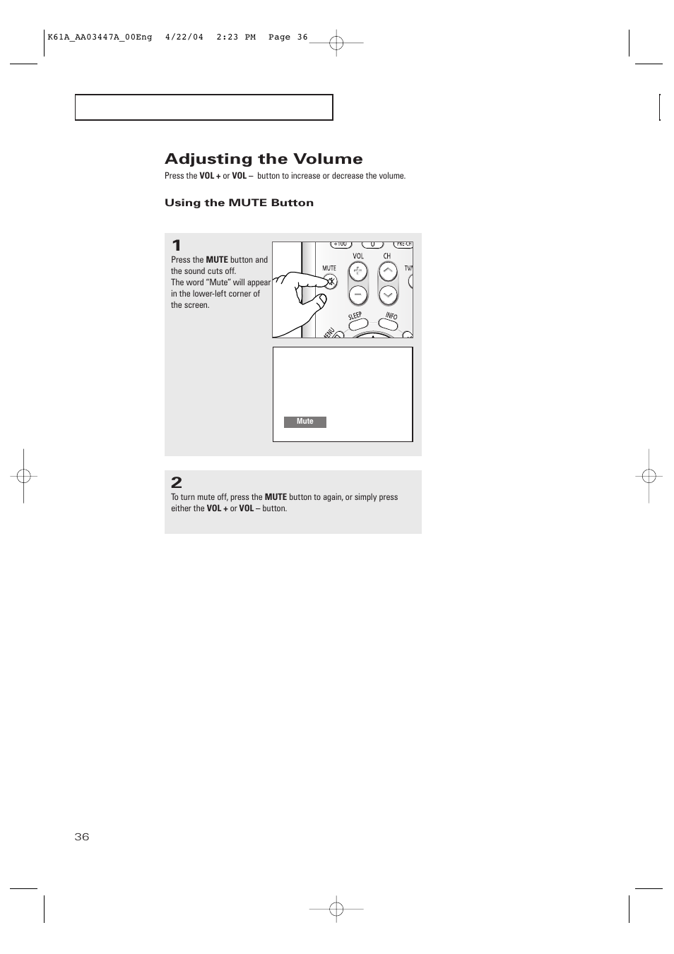 Adjusting the volume | Samsung TXP2665WX-XAC User Manual | Page 36 / 68