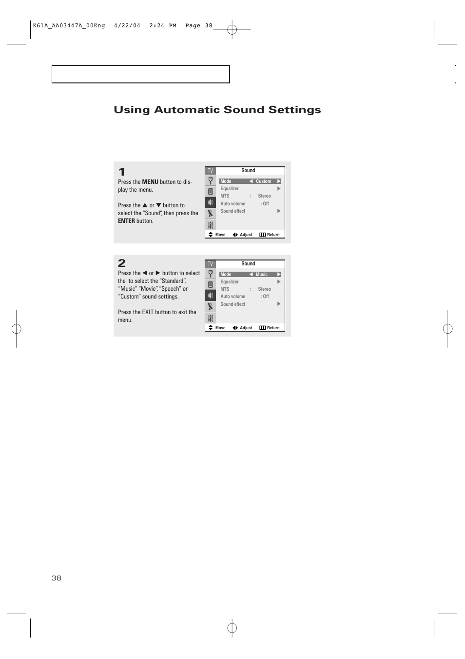 Using automatic sound settings | Samsung TXP2665WX-XAC User Manual | Page 38 / 68