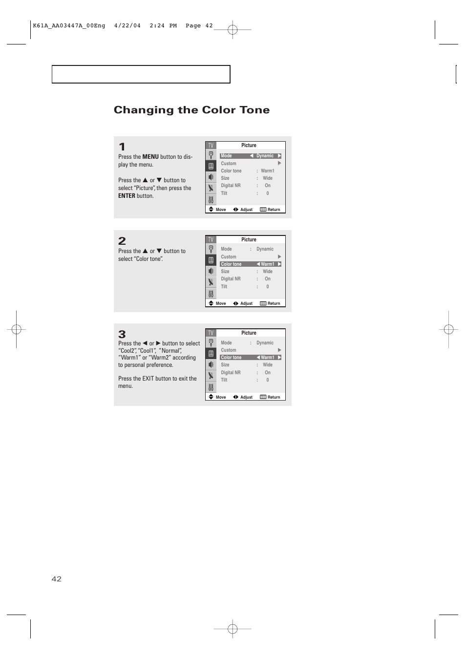 Changing the color tone | Samsung TXP2665WX-XAC User Manual | Page 42 / 68