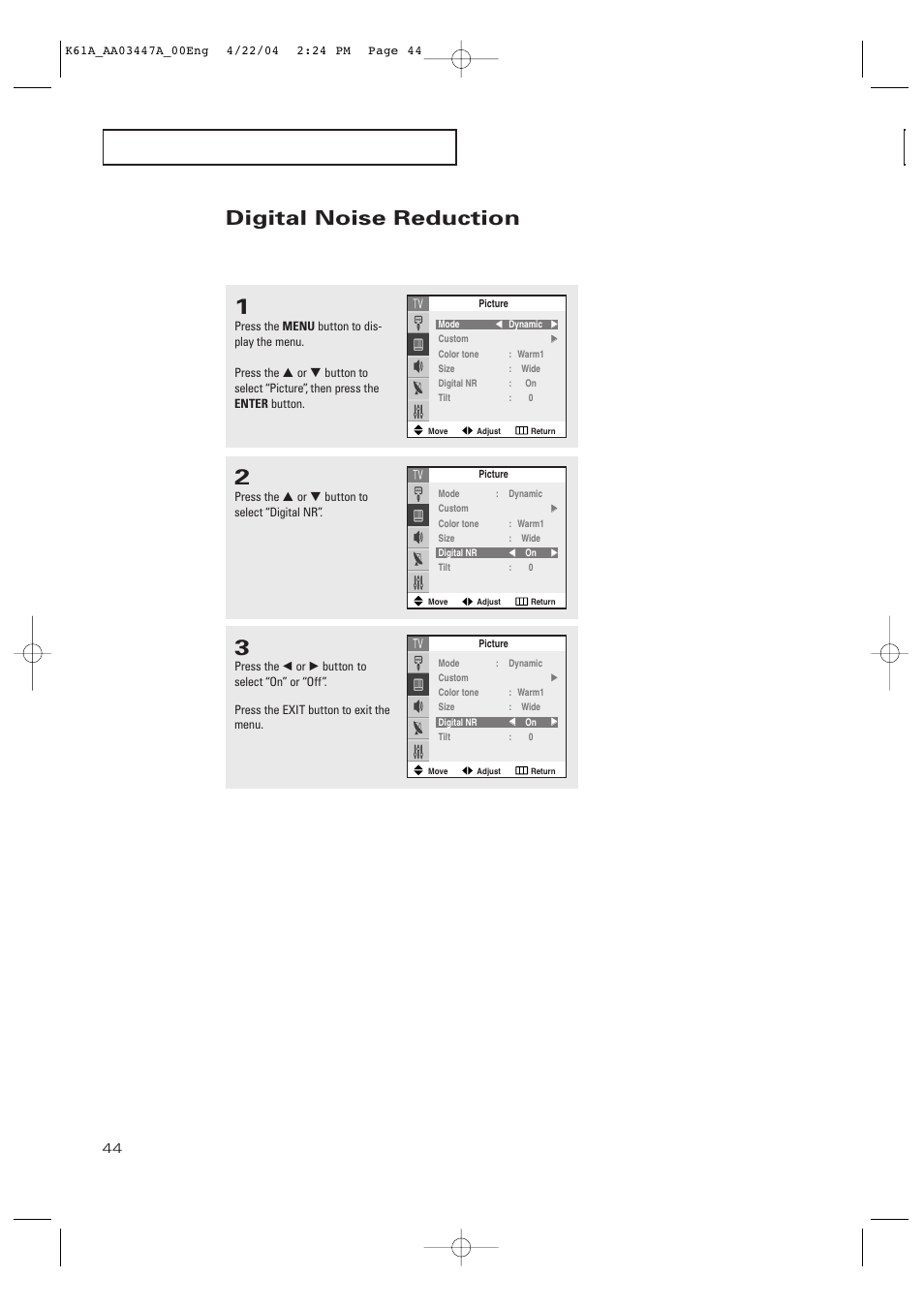 Digital noise reduction | Samsung TXP2665WX-XAC User Manual | Page 44 / 68