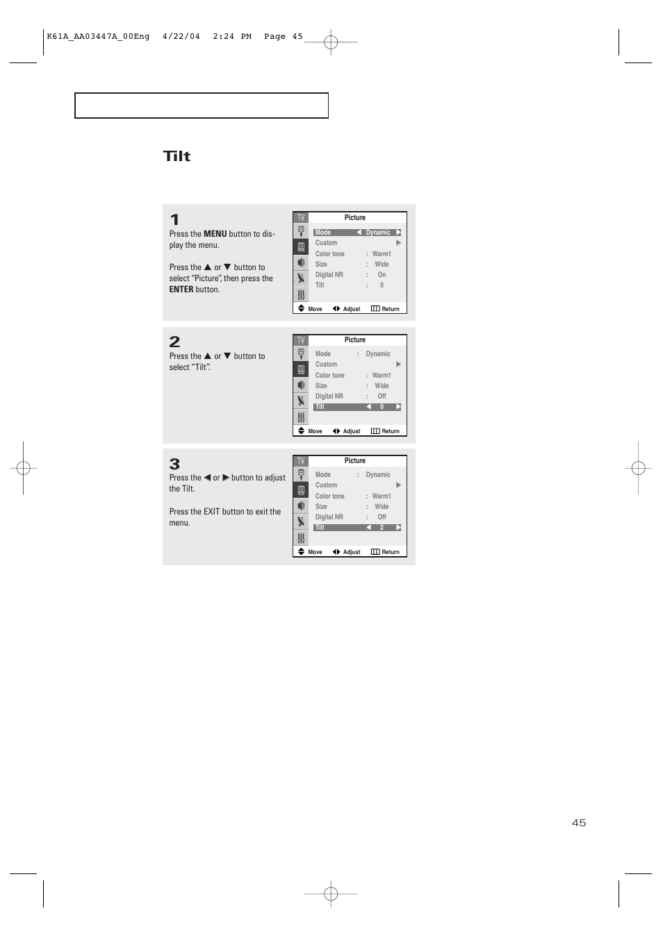 Tilt | Samsung TXP2665WX-XAC User Manual | Page 45 / 68