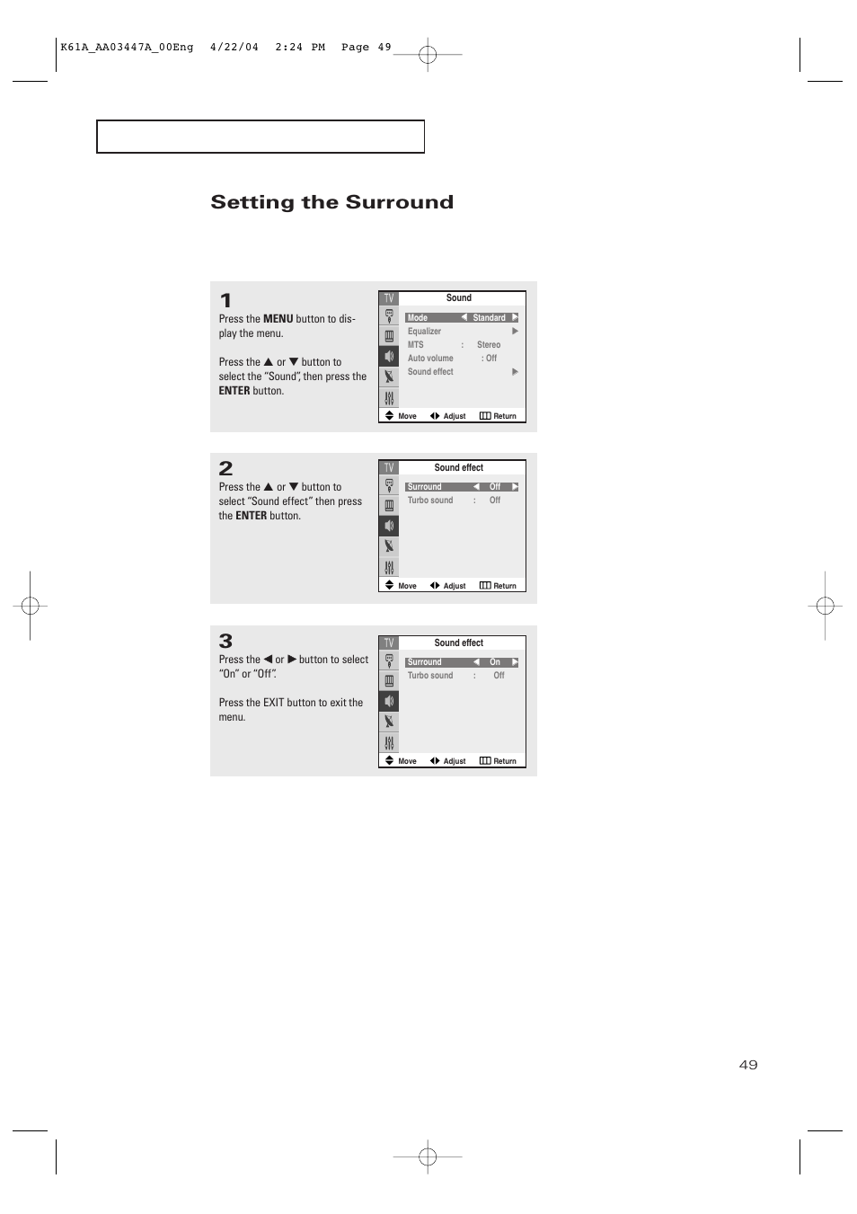 Setting the surround | Samsung TXP2665WX-XAC User Manual | Page 49 / 68