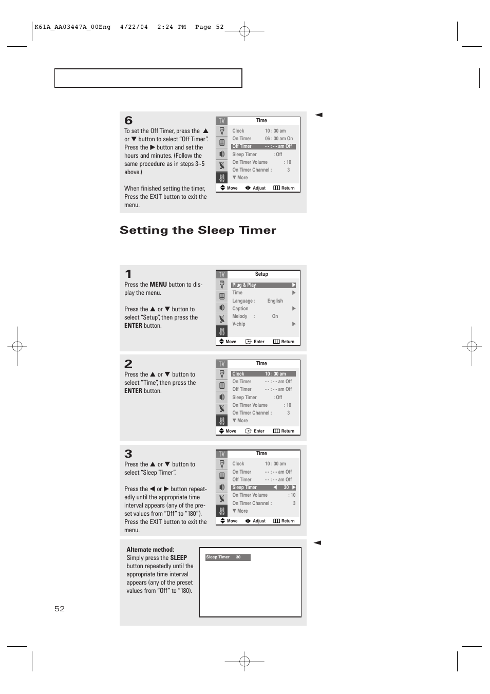 Setting the sleep timer | Samsung TXP2665WX-XAC User Manual | Page 52 / 68
