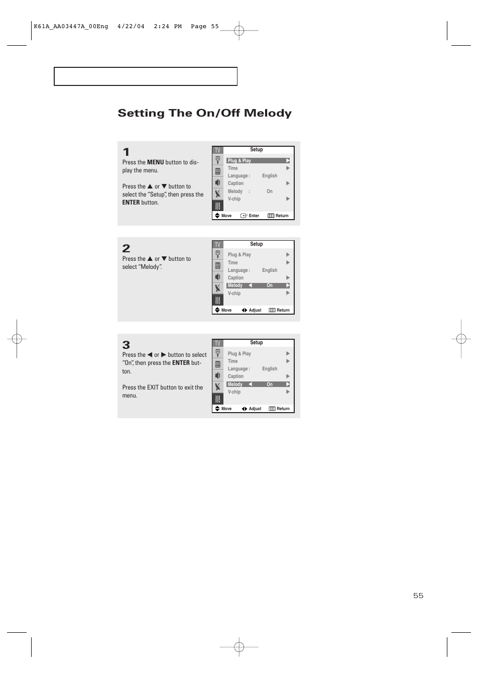 Setting the on/off melody | Samsung TXP2665WX-XAC User Manual | Page 55 / 68