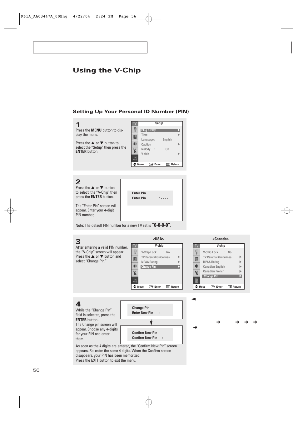 Using the v-chip | Samsung TXP2665WX-XAC User Manual | Page 56 / 68