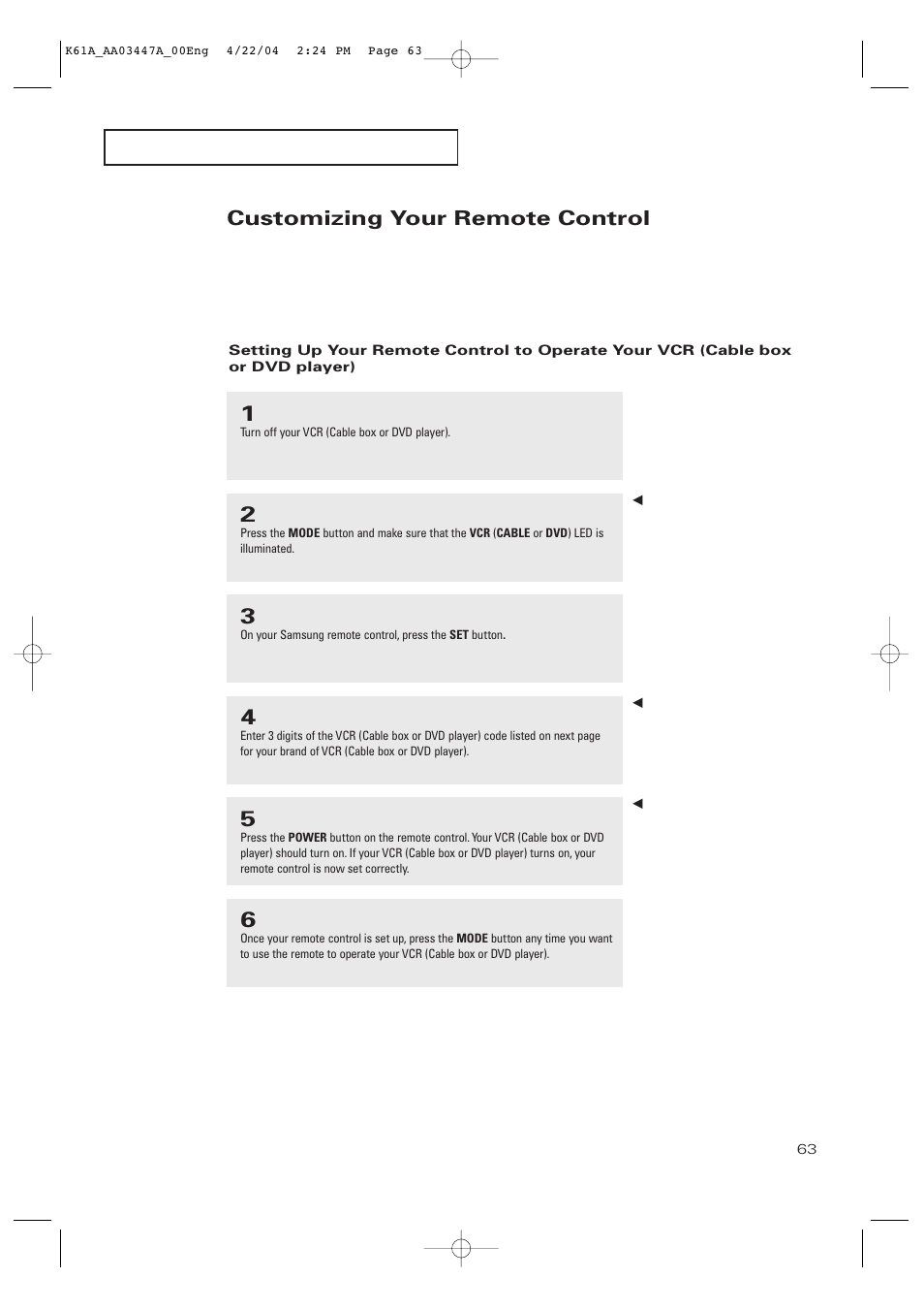 Customizing your remote control | Samsung TXP2665WX-XAC User Manual | Page 63 / 68