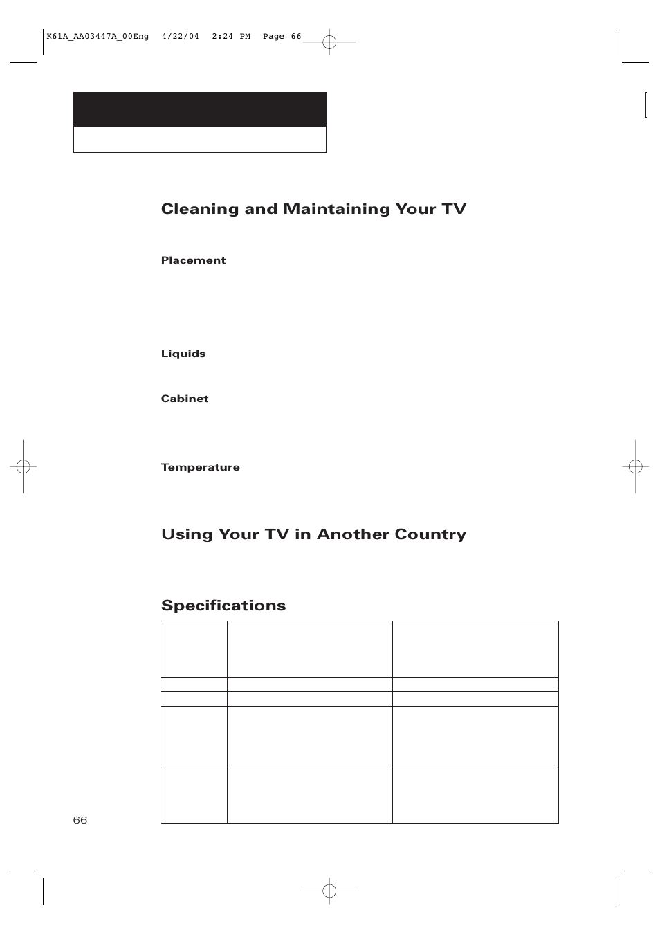 Cleaning and maintaining your tv, Using your tv in another country, Specifications | Samsung TXP2665WX-XAC User Manual | Page 66 / 68