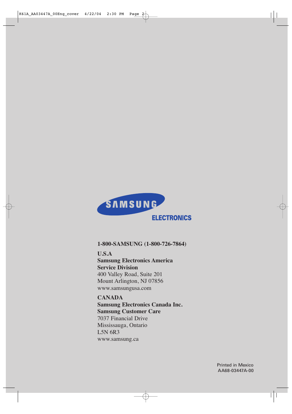 Samsung TXP2665WX-XAC User Manual | Page 68 / 68