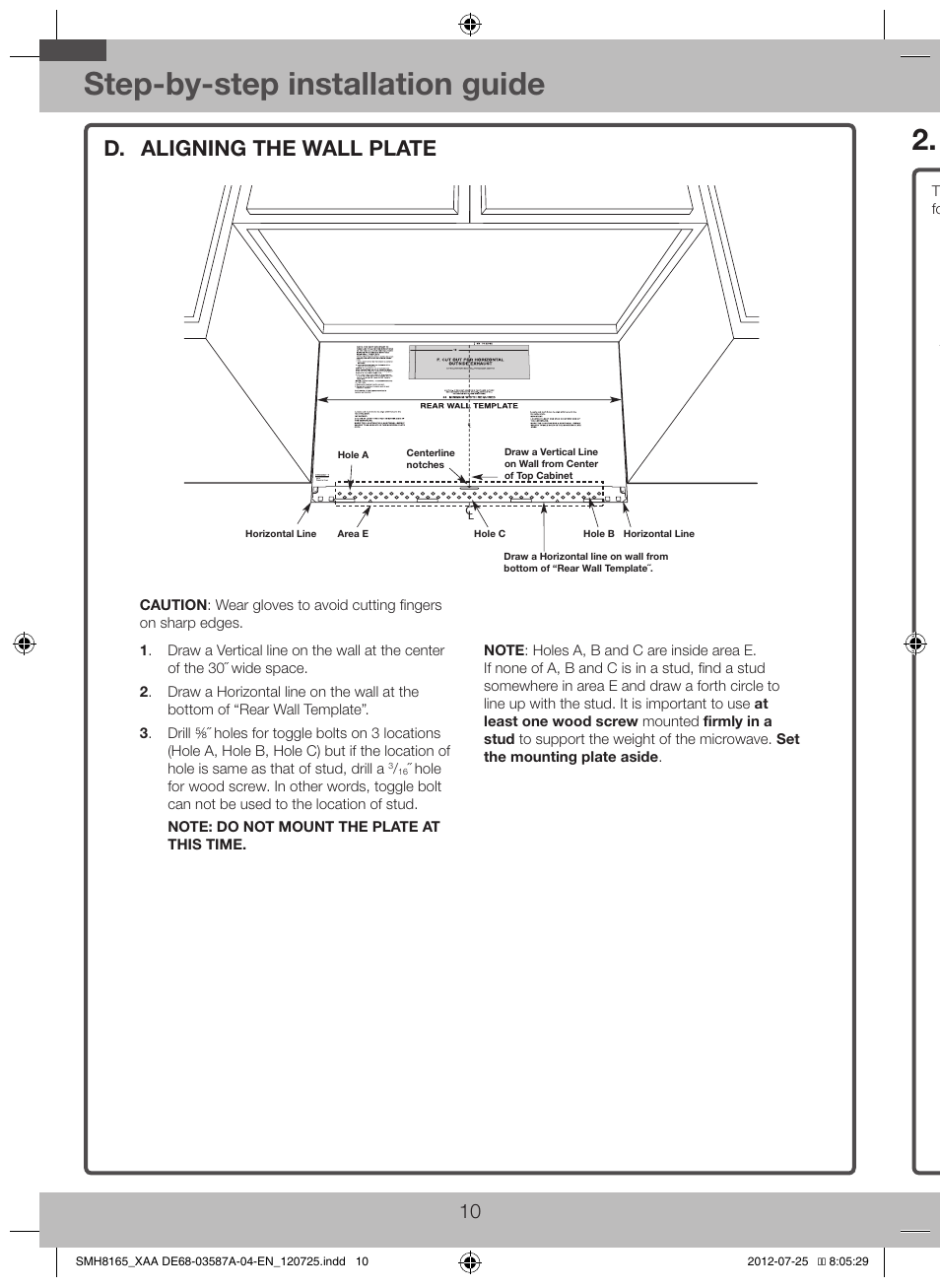 D. aligning the wall plate, Step-by-step installation guide, Ventilation types (choose a, b or c) | C. outside back exhaust (horizontal duct) | Samsung SMH1713W-XAA User Manual | Page 10 / 20