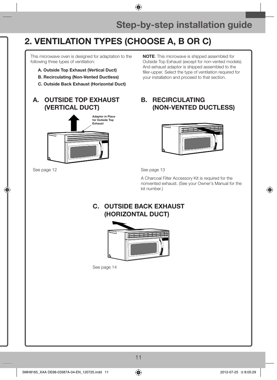 Ventilation types (choose a, b or c), Step-by-step installation guide, C. outside back exhaust (horizontal duct) | D. aligning the wall plate | Samsung SMH1713W-XAA User Manual | Page 11 / 20