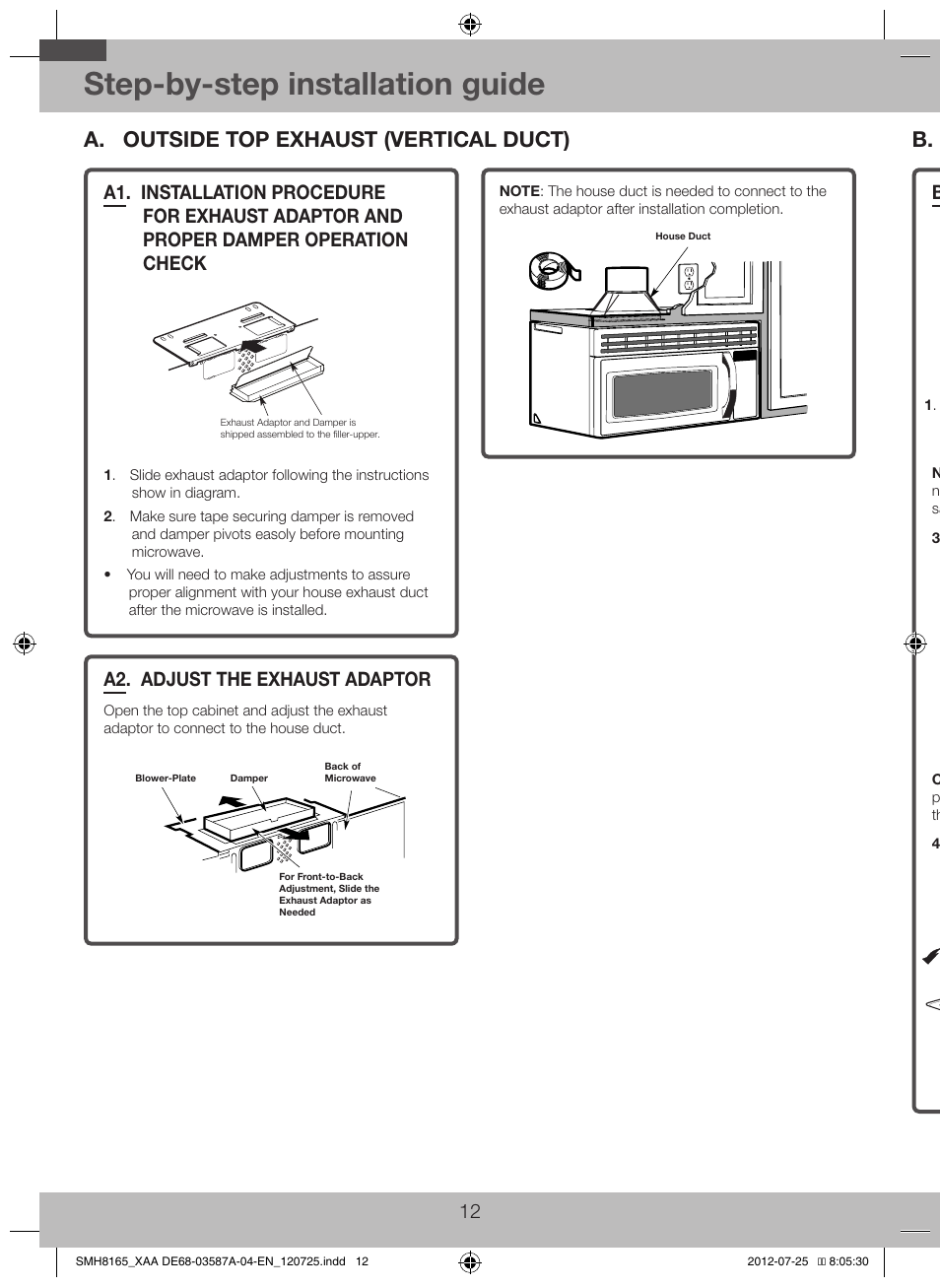A. outside top exhaust (vertical duct), A1. installation procedure for exhaust, Adaptor and proper damper operation | Check, A2. adjust the exhaust adaptor, Step-by-step installation guide, B1. adapting microwave blower for recirculation | Samsung SMH1713W-XAA User Manual | Page 12 / 20