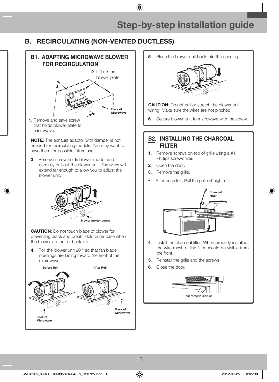 B. recirculating (non-vented ductless), B1. adapting microwave blower for, Recirculation | B2. installing the charcoal filter, Step-by-step installation guide, B1. adapting microwave blower for recirculation | Samsung SMH1713W-XAA User Manual | Page 13 / 20