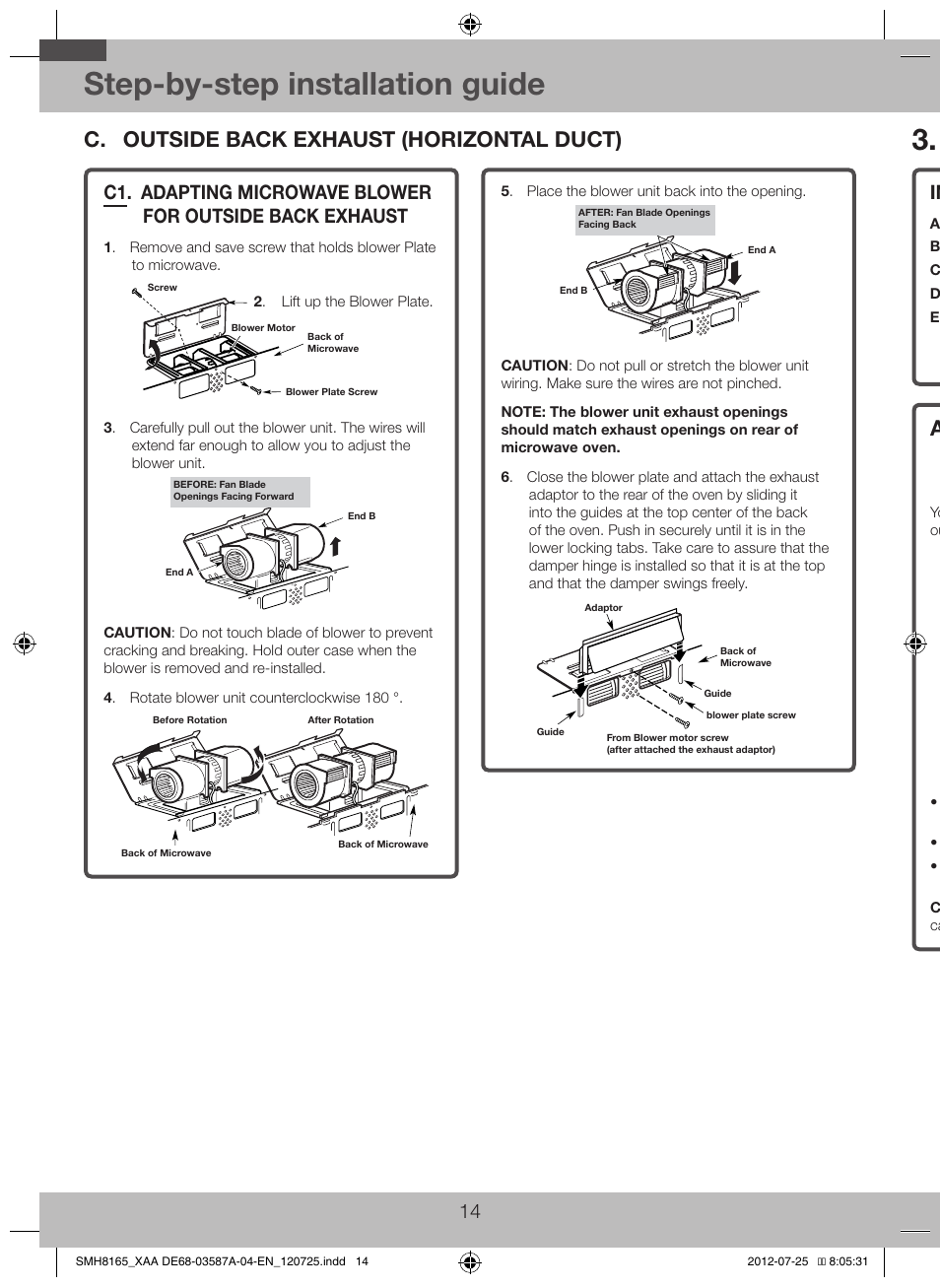 C. outside back exhaust (horizontal duct), C1. adapting microwave blower for outside, Back exhaust | Step-by-step installation guide, Installation, Installation overview | Samsung SMH1713W-XAA User Manual | Page 14 / 20