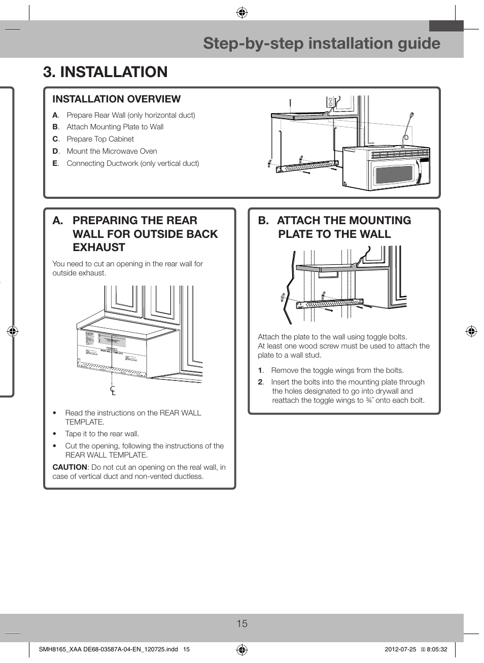 Installation, A. preparing the rear wall for outside back, Exhaust | B. attach the mounting plate to the wall, Step-by-step installation guide, C. outside back exhaust (horizontal duct) | Samsung SMH1713W-XAA User Manual | Page 15 / 20