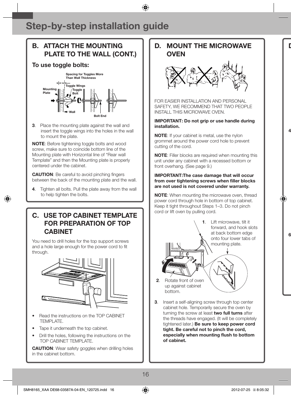 C. use top cabinet template for preparation of, Top cabinet, D. mount the microwave oven | Step-by-step installation guide, D. mount the microwave oven (cont.), B. attach the mounting plate to the wall (cont.) | Samsung SMH1713W-XAA User Manual | Page 16 / 20