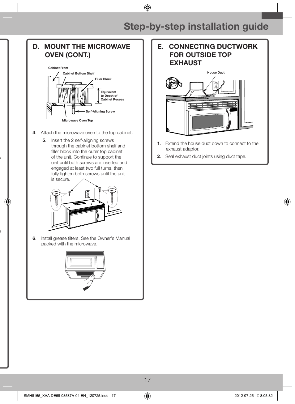 E. connecting ductwork for outside top, Exhaust, Step-by-step installation guide | D. mount the microwave oven, D. mount the microwave oven (cont.), E. connecting ductwork for outside top exhaust | Samsung SMH1713W-XAA User Manual | Page 17 / 20