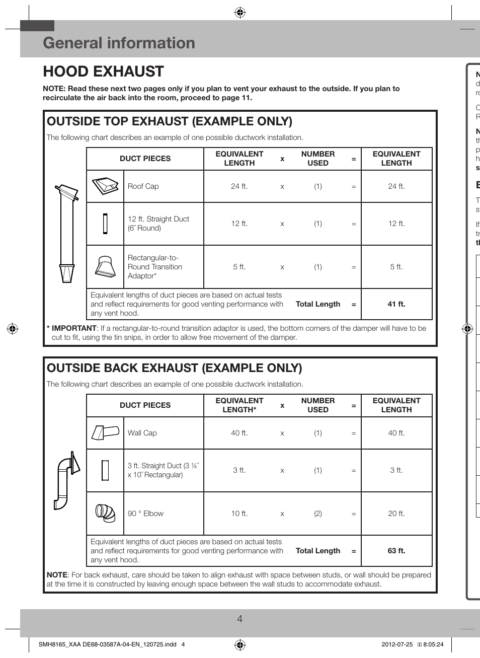 Hood exhaust, General information, Outside top exhaust (example only) | Outside back exhaust (example only), Exhaust connection, Maximum duct length, Elbows, transitions, wall and roof caps, etc | Samsung SMH1713W-XAA User Manual | Page 4 / 20