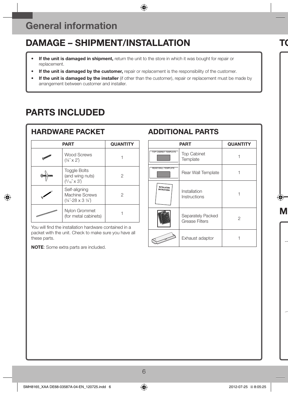 Damage – shipment/installation, Parts included, General information | Tools you will need, Mounting space, Hardware packet, Additional parts | Samsung SMH1713W-XAA User Manual | Page 6 / 20
