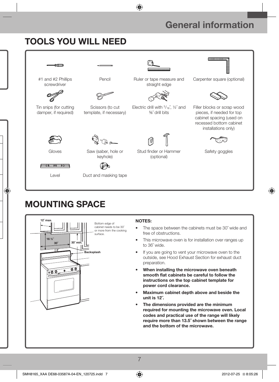 Tools you will need, Mounting space, General information | Damage – shipment/installation, Parts included, Additional parts | Samsung SMH1713W-XAA User Manual | Page 7 / 20