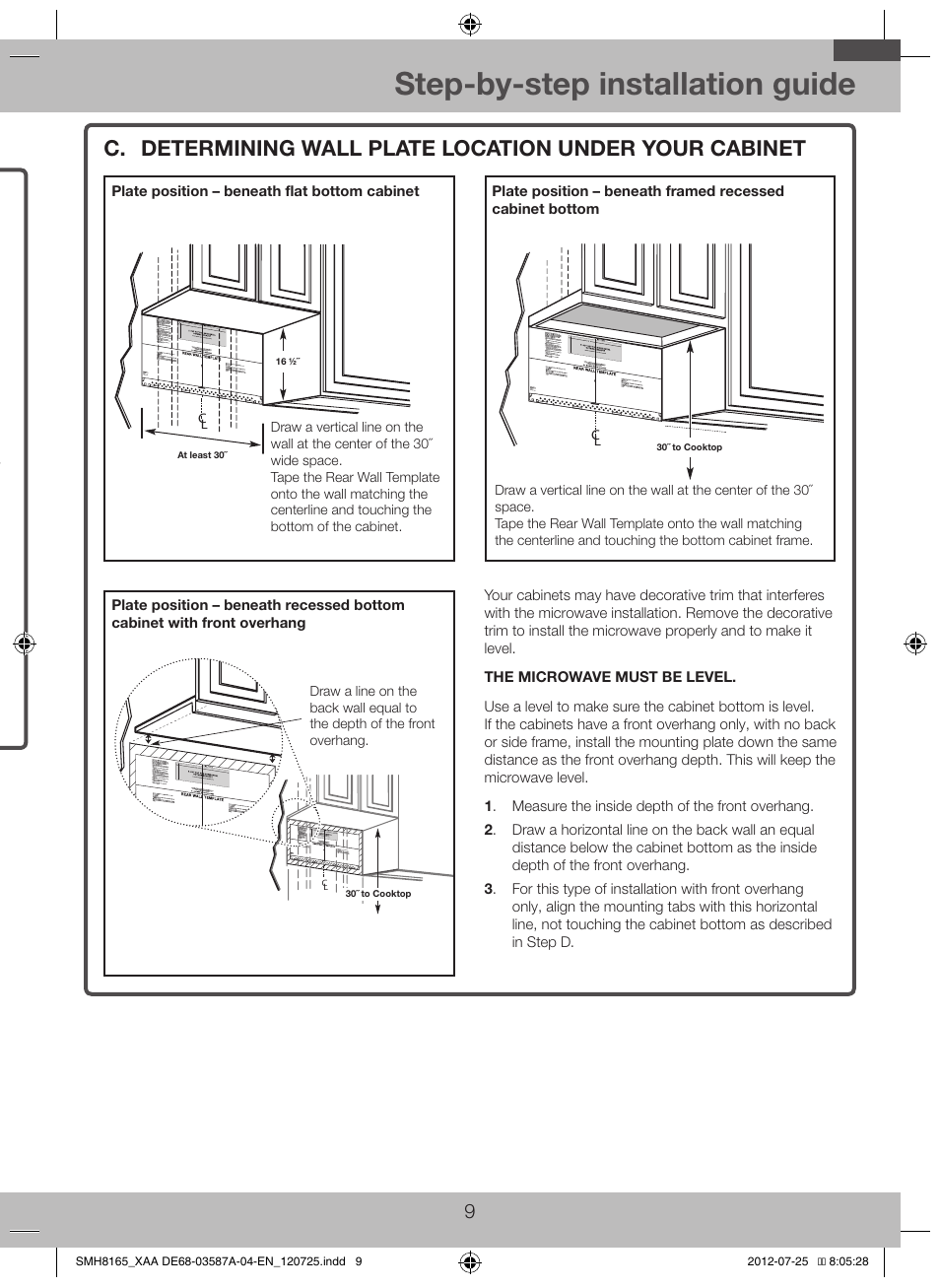 C. determining wall plate location under your, Cabinet, Step-by-step installation guide | Placement of the mounting plate, B. finding the wall studs | Samsung SMH1713W-XAA User Manual | Page 9 / 20