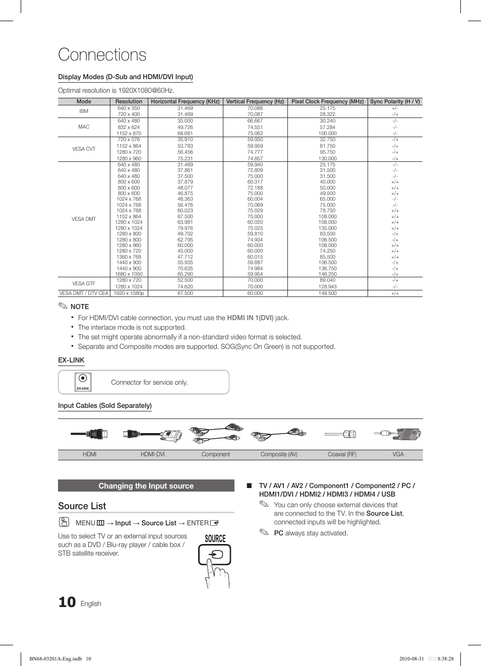 Connections, Source list | Samsung LN46C600F3FXZA User Manual | Page 10 / 151
