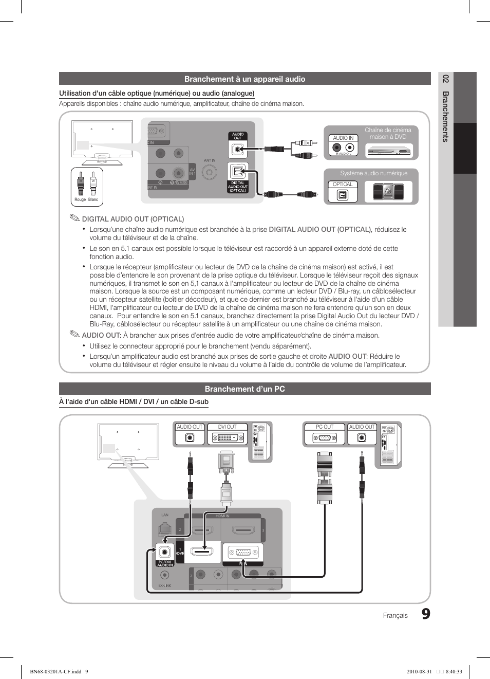 02 branchements branchement à un appareil audio, Branchement d’un pc | Samsung LN46C600F3FXZA User Manual | Page 109 / 151