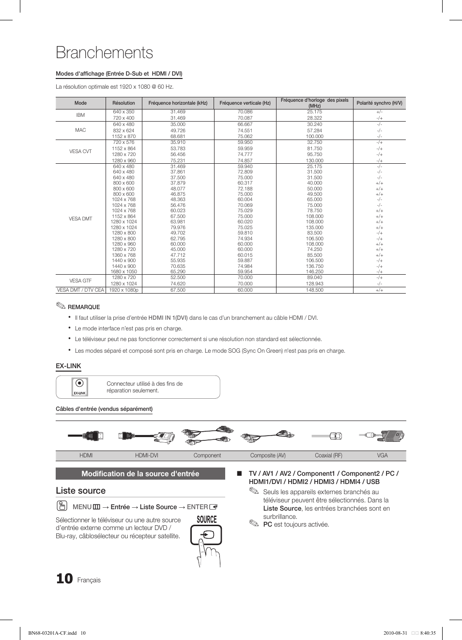 Branchements, Liste source | Samsung LN46C600F3FXZA User Manual | Page 110 / 151
