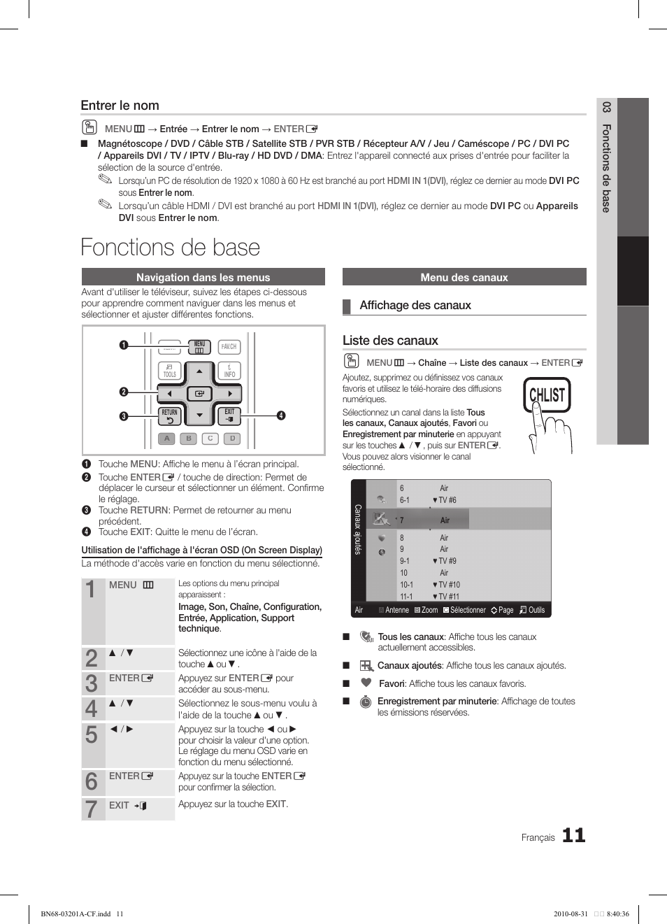 Fonctions de base, Liste des canaux, Entrer le nom | Power | Samsung LN46C600F3FXZA User Manual | Page 111 / 151