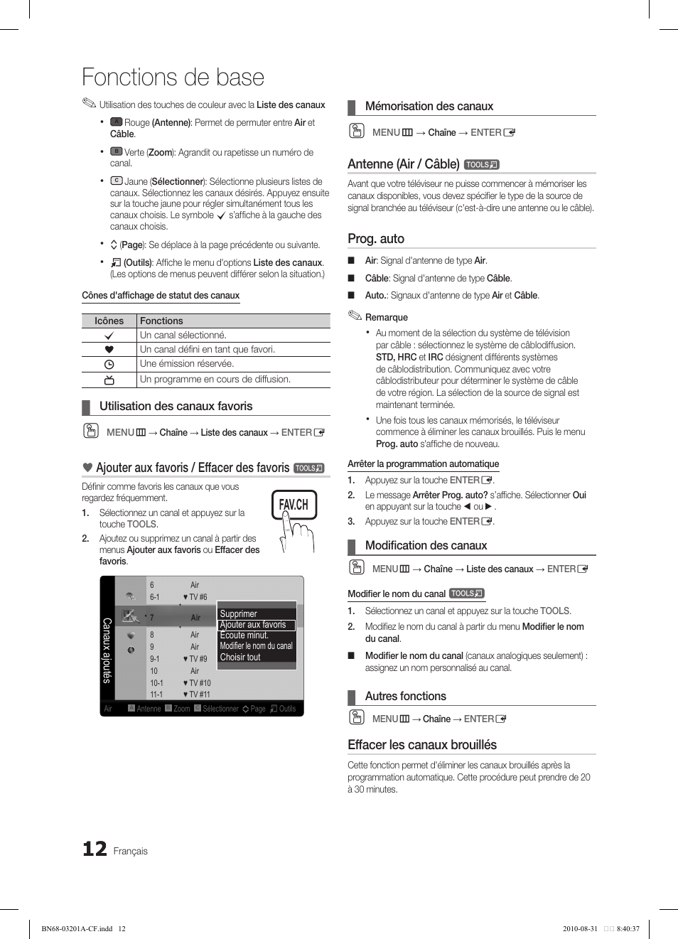 Fonctions de base, Ajouter aux favoris / effacer des favoris, Antenne (air / câble) | Prog. auto, Effacer les canaux brouillés | Samsung LN46C600F3FXZA User Manual | Page 112 / 151