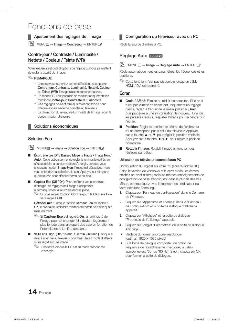 Fonctions de base, Solution eco, Réglage auto | Écran | Samsung LN46C600F3FXZA User Manual | Page 114 / 151